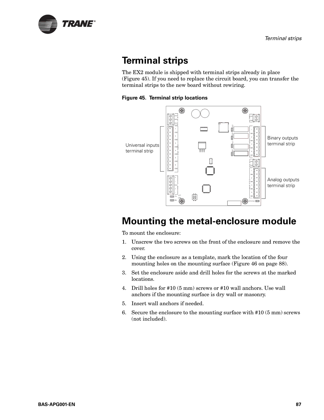 Trane Engineered Smoke Control System for Tracer Summit manual Terminal strips, Mounting the metal-enclosure module 