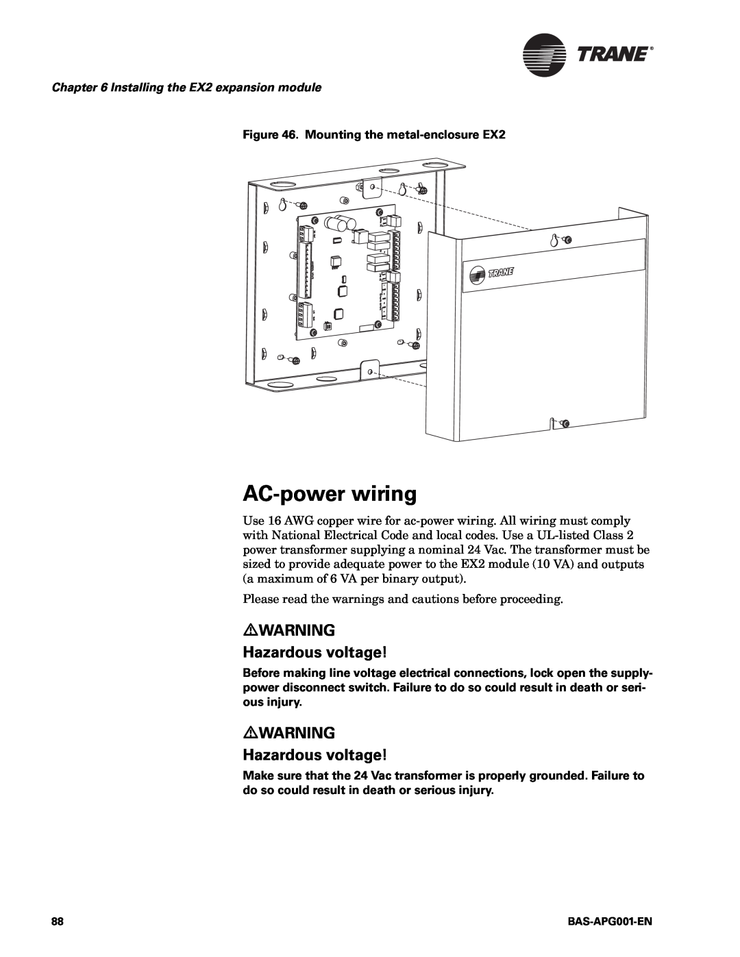 Trane BAS-APG001-EN manual AC-powerwiring, Hazardous voltage, Installing the EX2 expansion module 