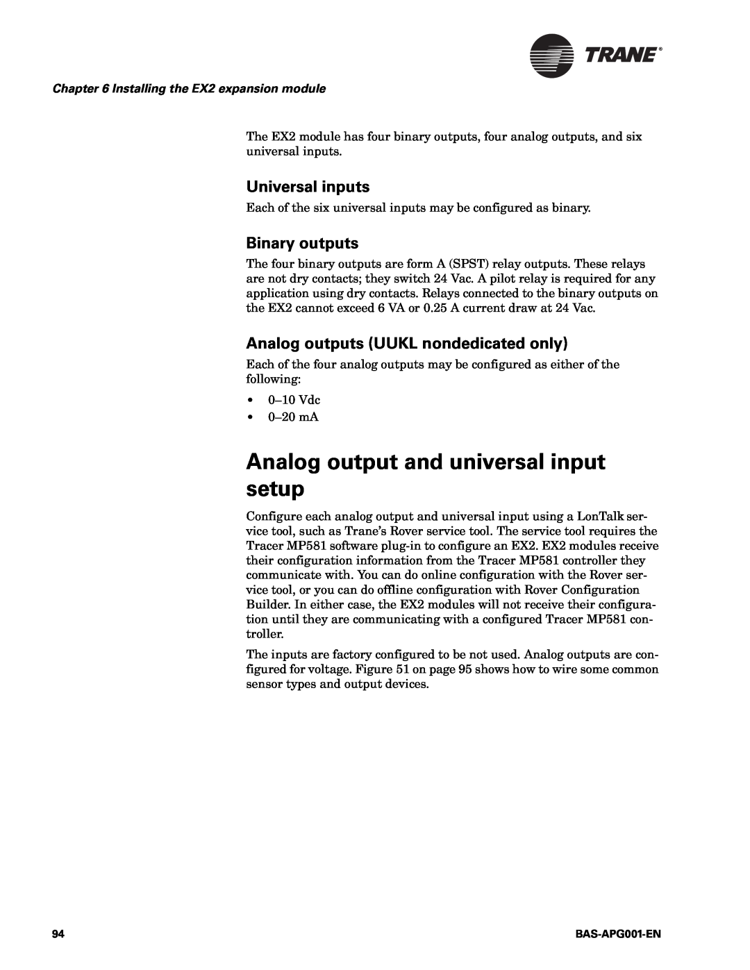 Trane BAS-APG001-EN manual Analog output and universal input setup, Universal inputs, Binary outputs 