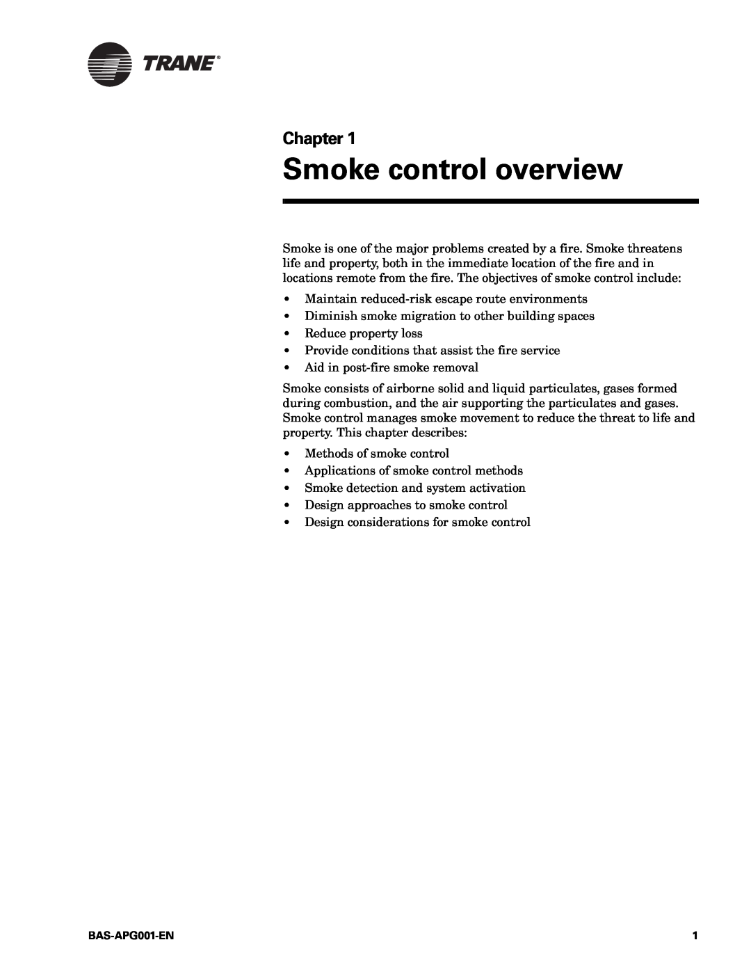 Trane Engineered Smoke Control System for Tracer Summit, BAS-APG001-EN manual Smoke control overview, Chapter 