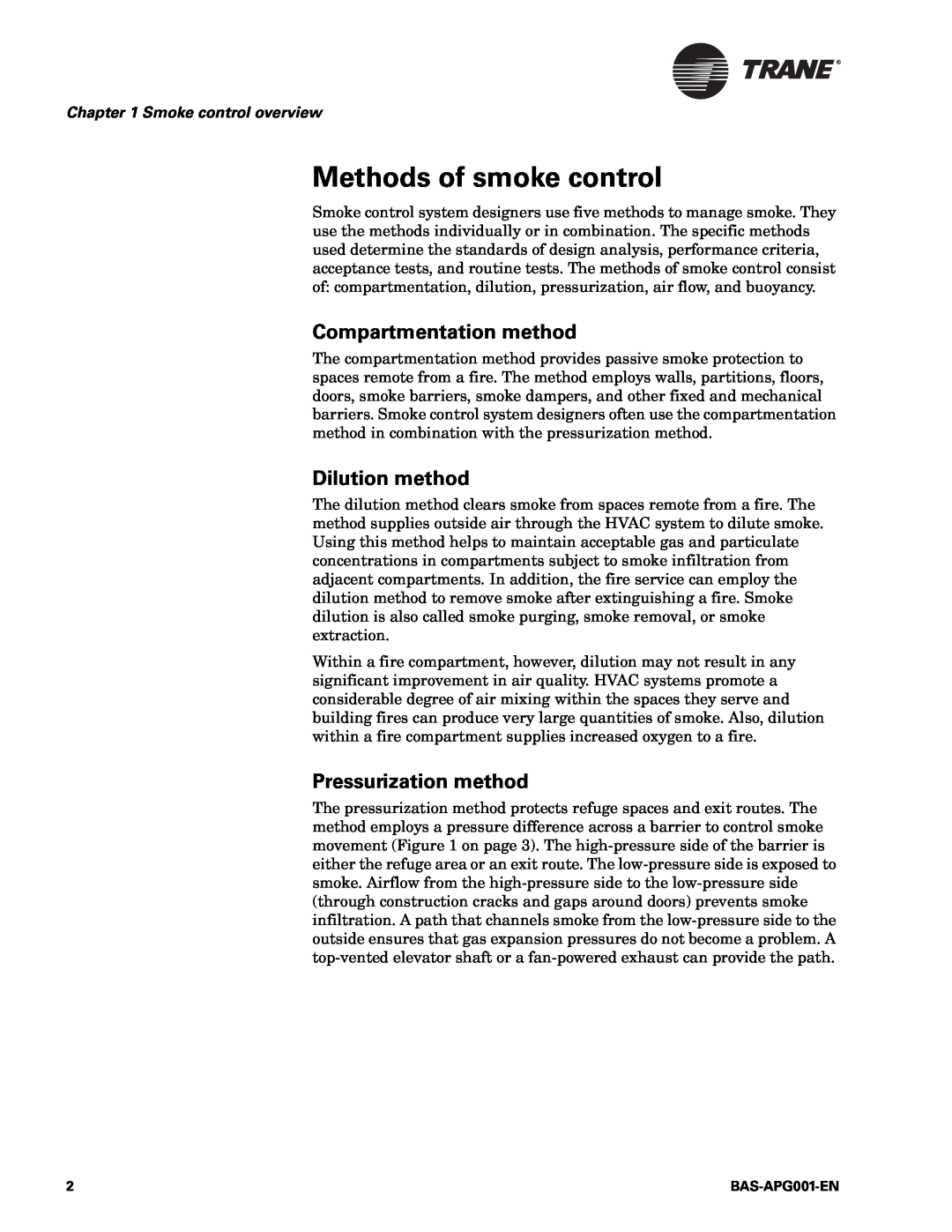 Trane BAS-APG001-EN manual Methods of smoke control, Compartmentation method, Dilution method, Pressurization method 