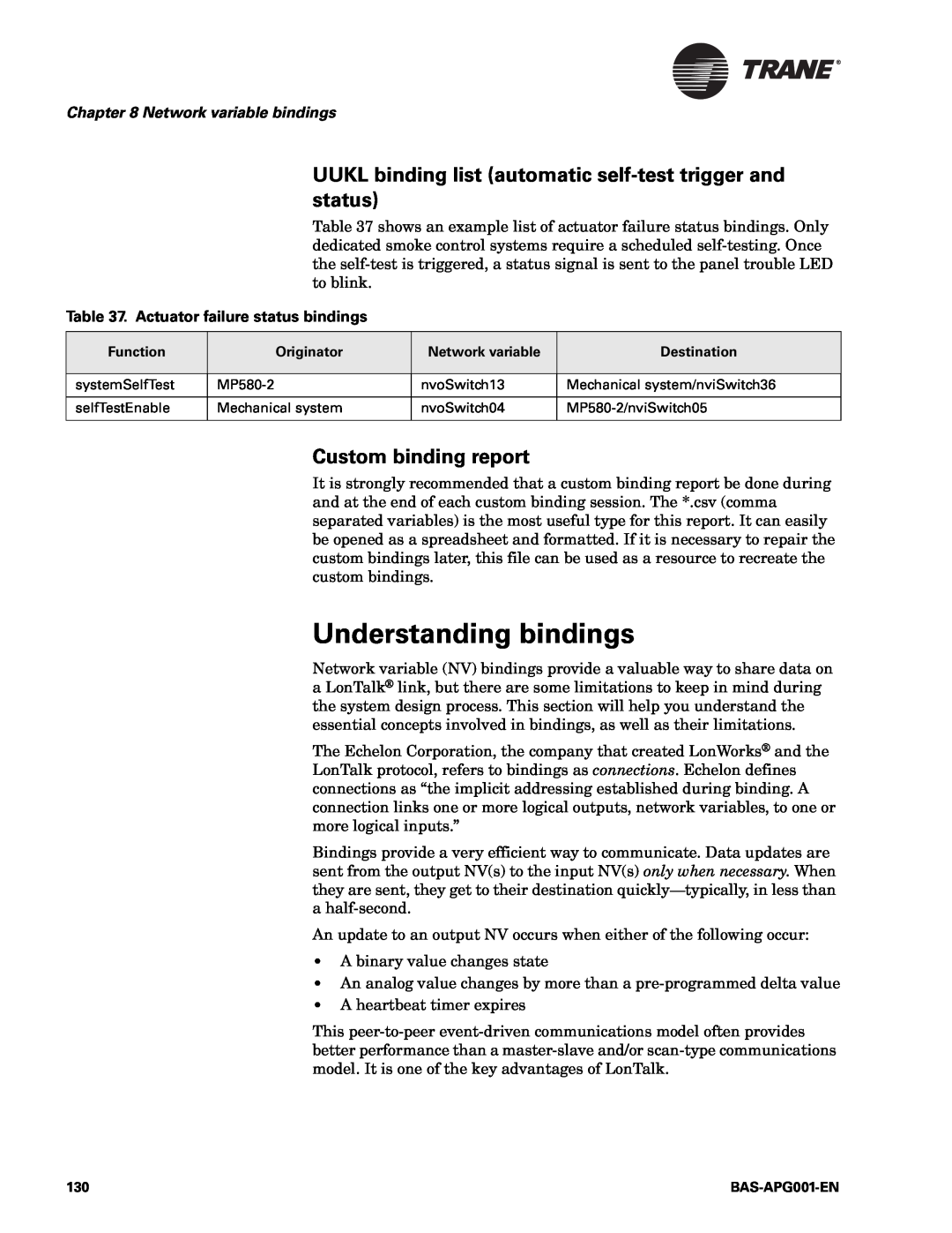 Trane BAS-APG001-EN manual Understanding bindings, Custom binding report, Network variable bindings 
