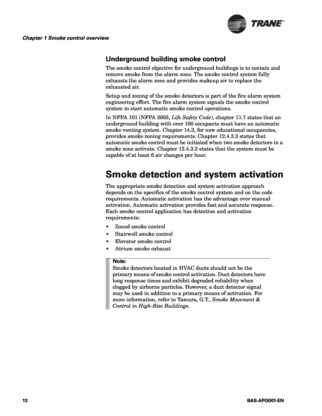 Trane BAS-APG001-EN Smoke detection and system activation, Underground building smoke control, Smoke control overview 
