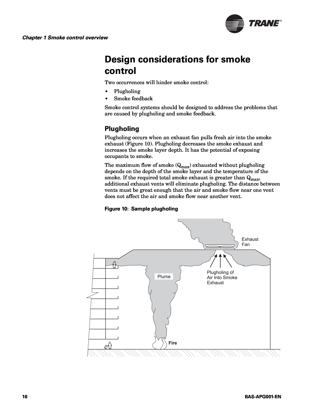 Trane BAS-APG001-EN manual Design considerations for smoke control, Plugholing, Smoke control overview 