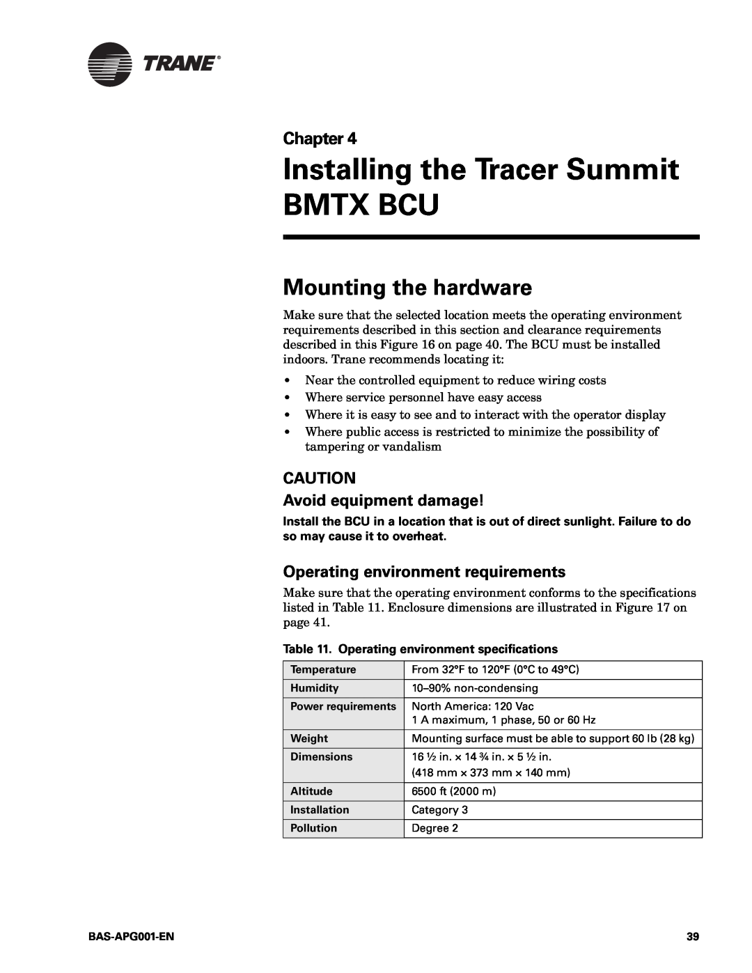 Trane Engineered Smoke Control System for Tracer Summit manual Installing the Tracer Summit BMTX BCU, Mounting the hardware 