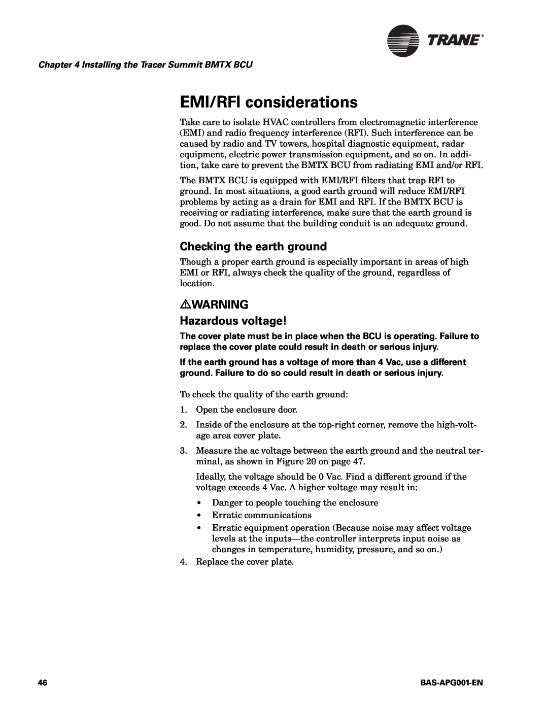 Trane BAS-APG001-EN manual EMI/RFI considerations, Checking the earth ground, Hazardous voltage 