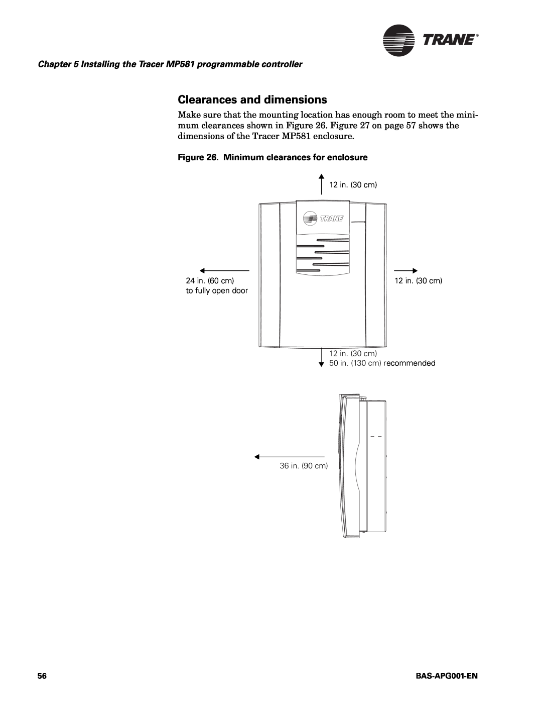 Trane BAS-APG001-EN manual Clearances and dimensions, Minimum clearances for enclosure, 12 in. 30 cm 