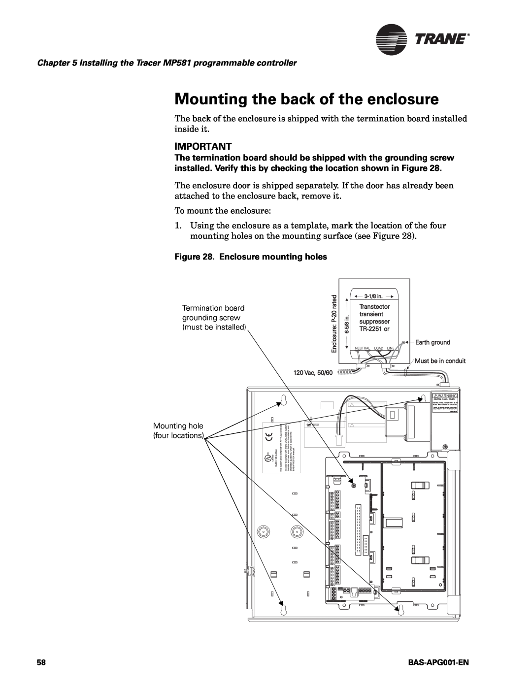 Trane BAS-APG001-EN manual Mounting the back of the enclosure, Enclosure mounting holes 