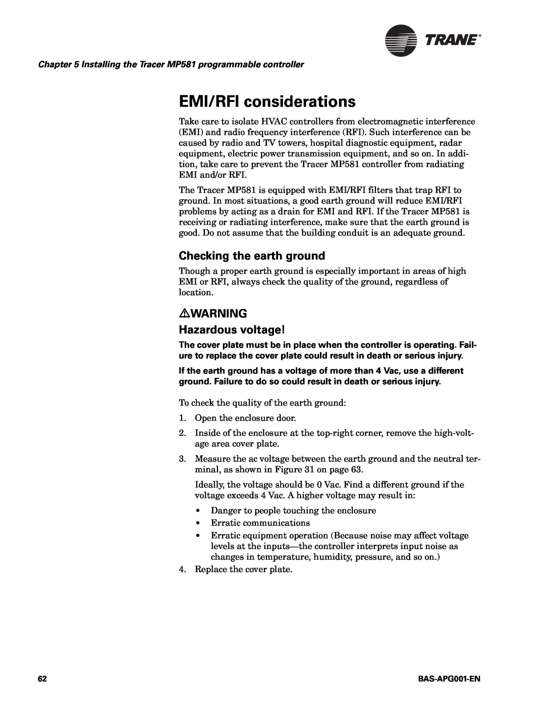 Trane BAS-APG001-EN manual EMI/RFI considerations, Checking the earth ground, Hazardous voltage 