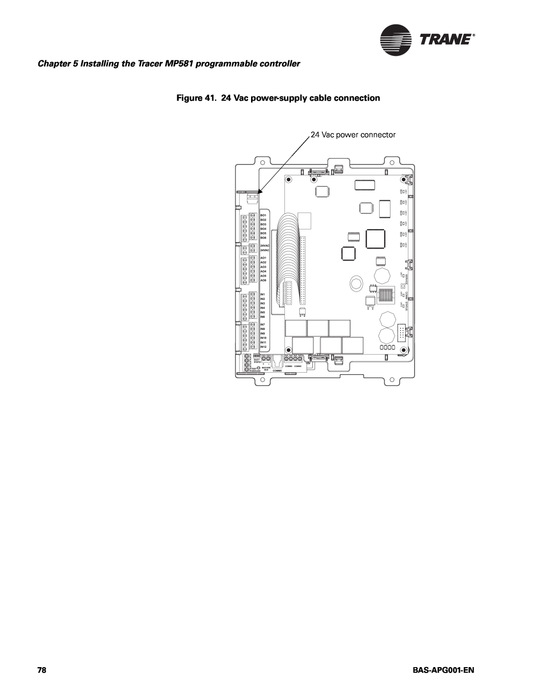 Trane BAS-APG001-EN manual 24 Vac power-supplycable connection, Vac power connector 