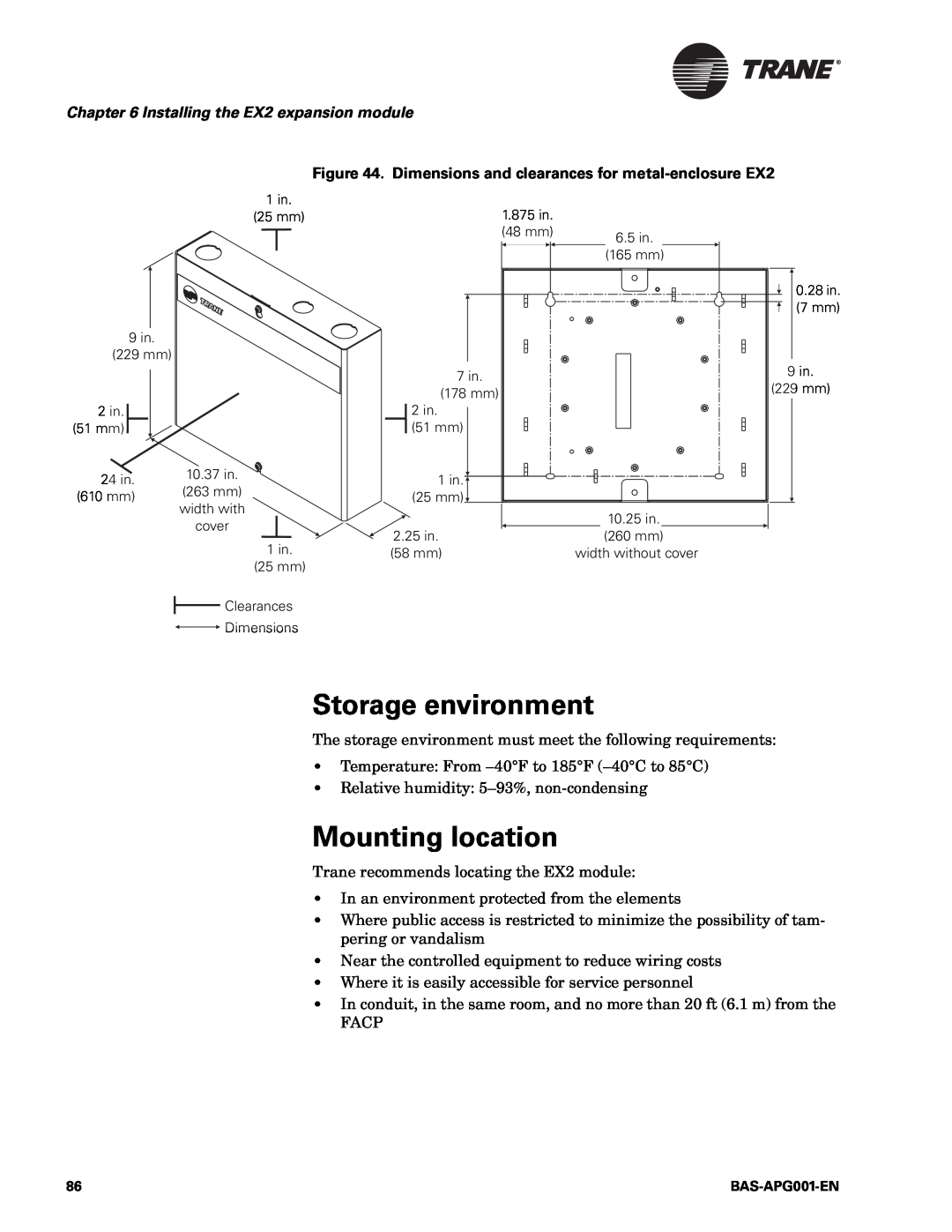 Trane BAS-APG001-EN manual Storage environment, Mounting location, Installing the EX2 expansion module 