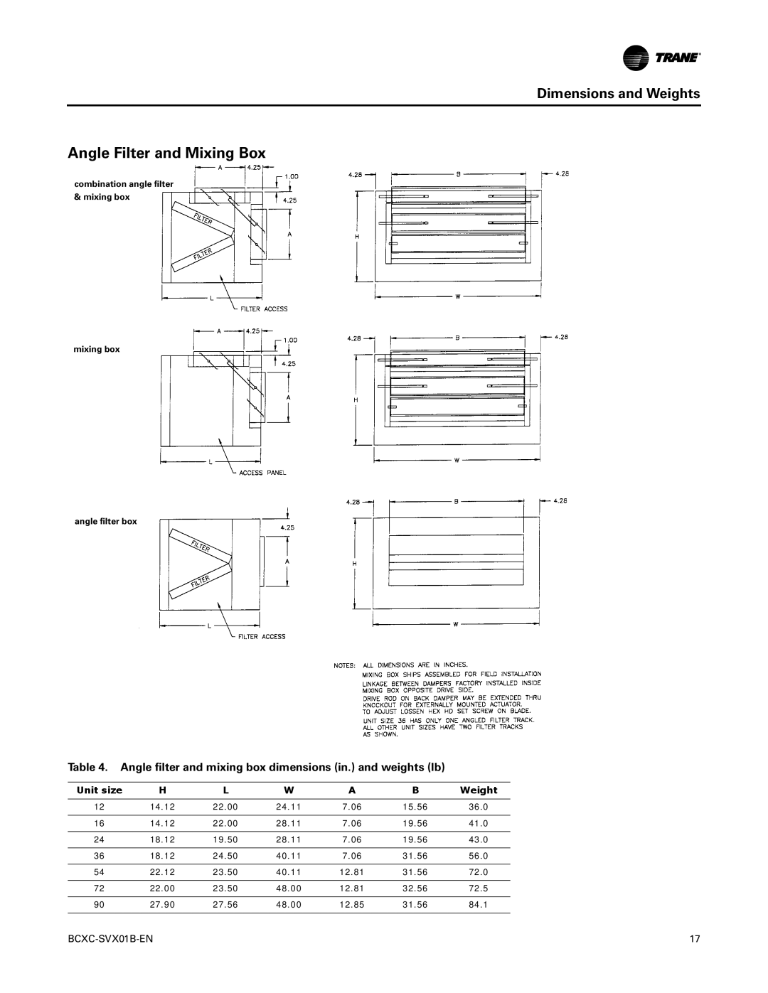 Trane BCXC-SVX01B-EN Angle Filter and Mixing Box, Angle filter and mixing box dimensions in. and weights lb, Unit size 