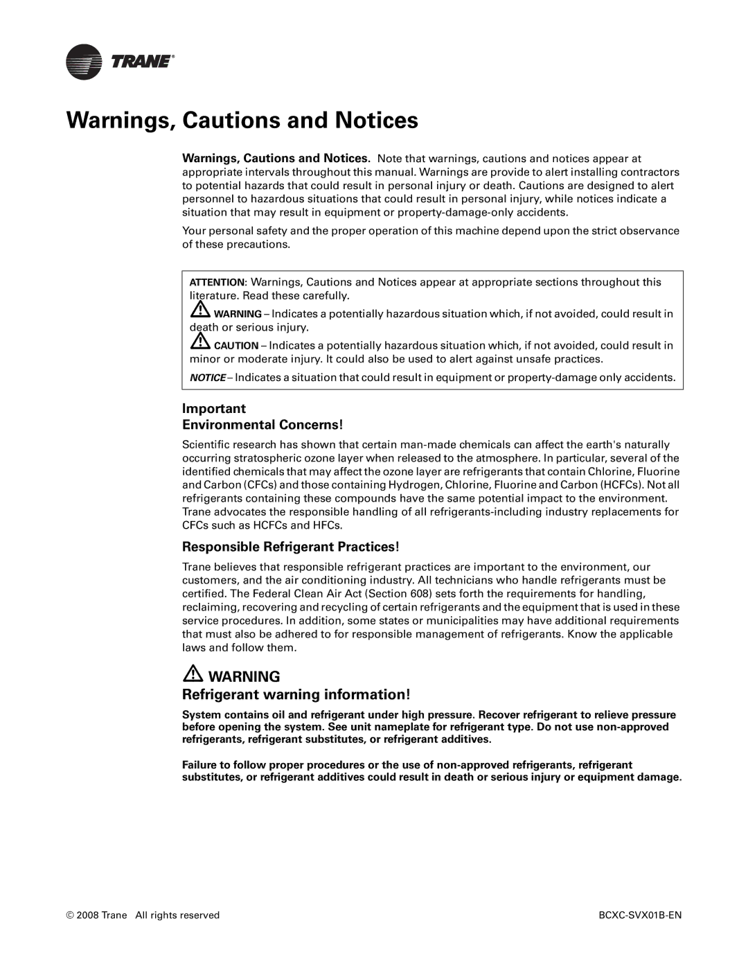 Trane BCXC-SVX01B-EN, BCVC, BCHC Refrigerant warning information, Environmental Concerns, Responsible Refrigerant Practices 