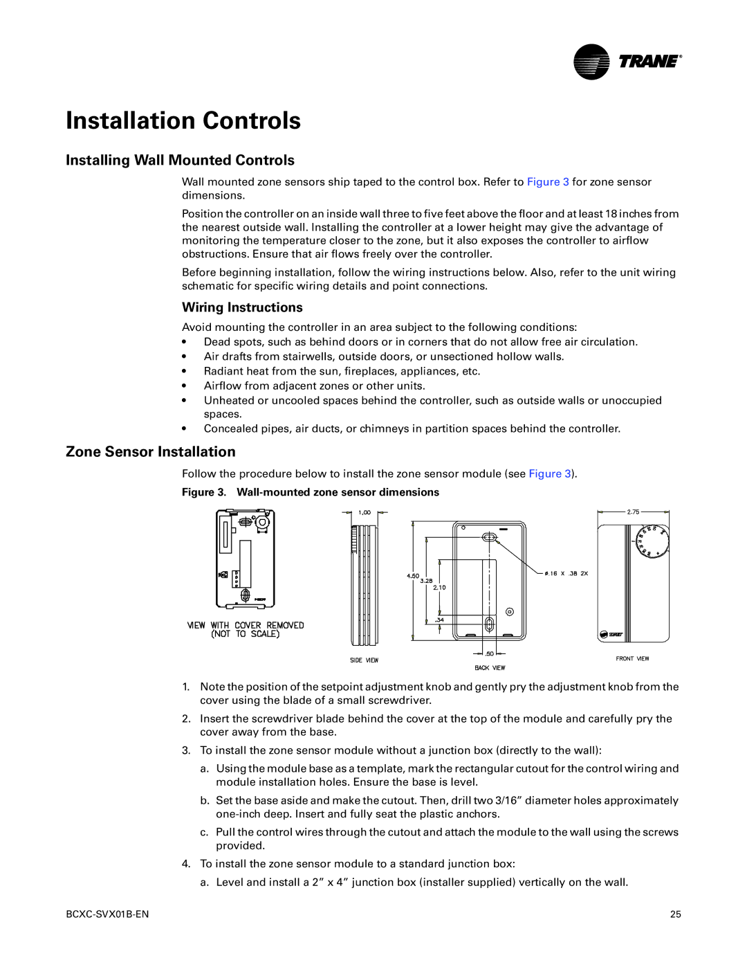 Trane BCHC, BCVC Installation Controls, Installing Wall Mounted Controls, Zone Sensor Installation, Wiring Instructions 