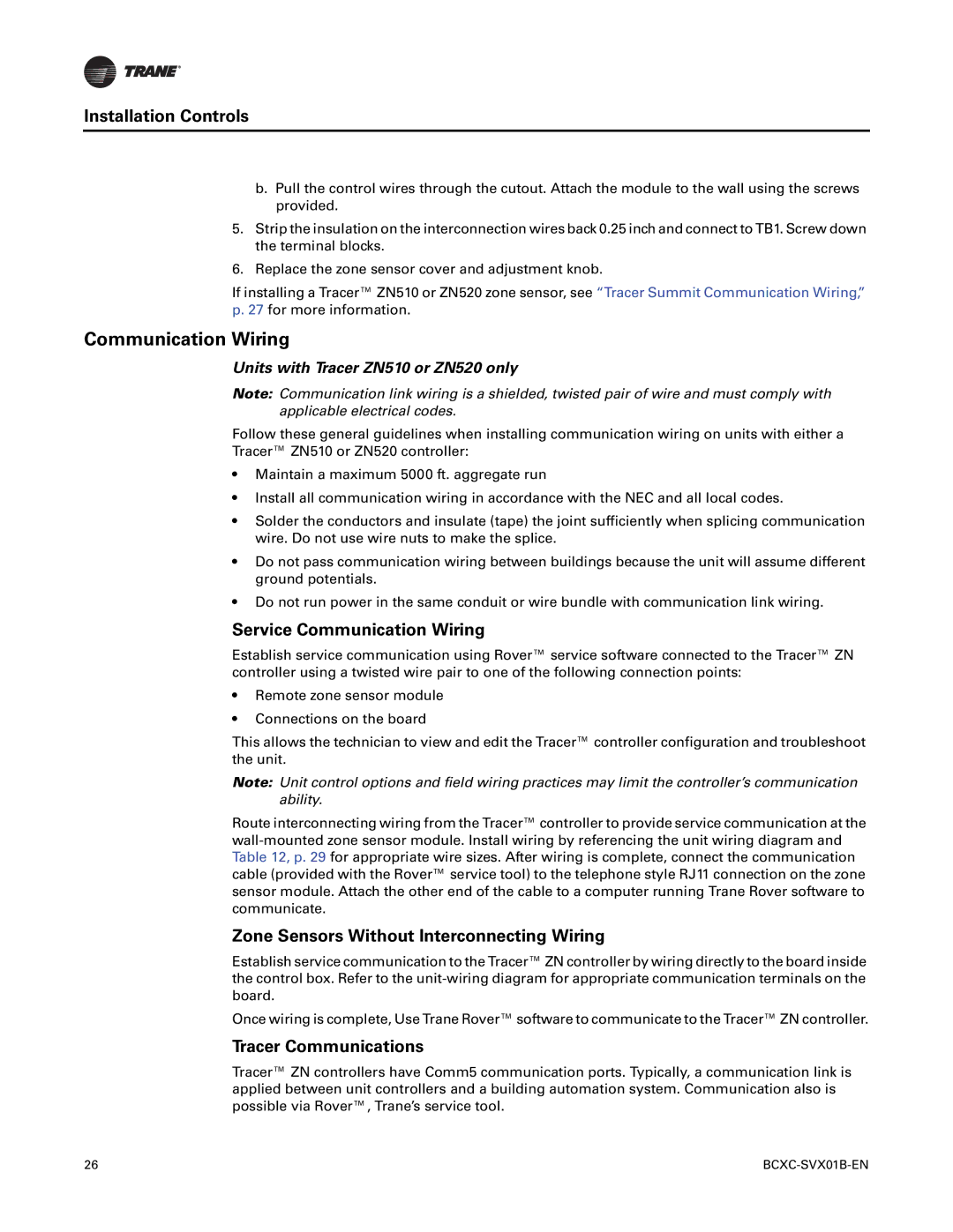 Trane BCXC-SVX01B-EN Installation Controls, Service Communication Wiring, Zone Sensors Without Interconnecting Wiring 