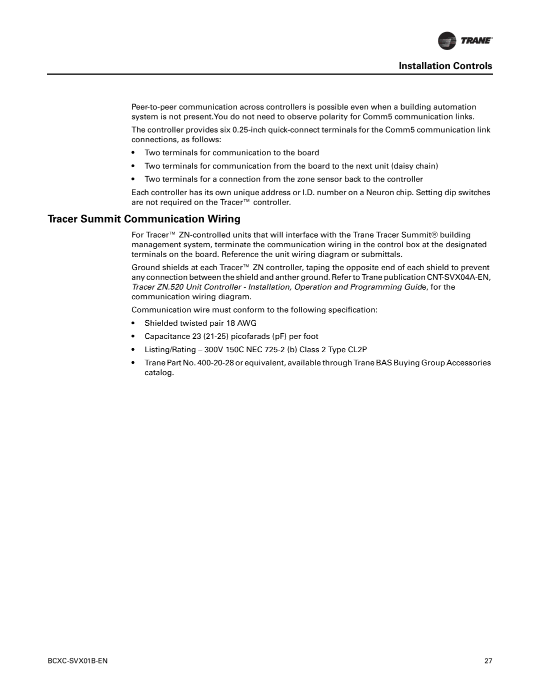 Trane BCVC, BCHC, BCXC-SVX01B-EN manual Tracer Summit Communication Wiring 