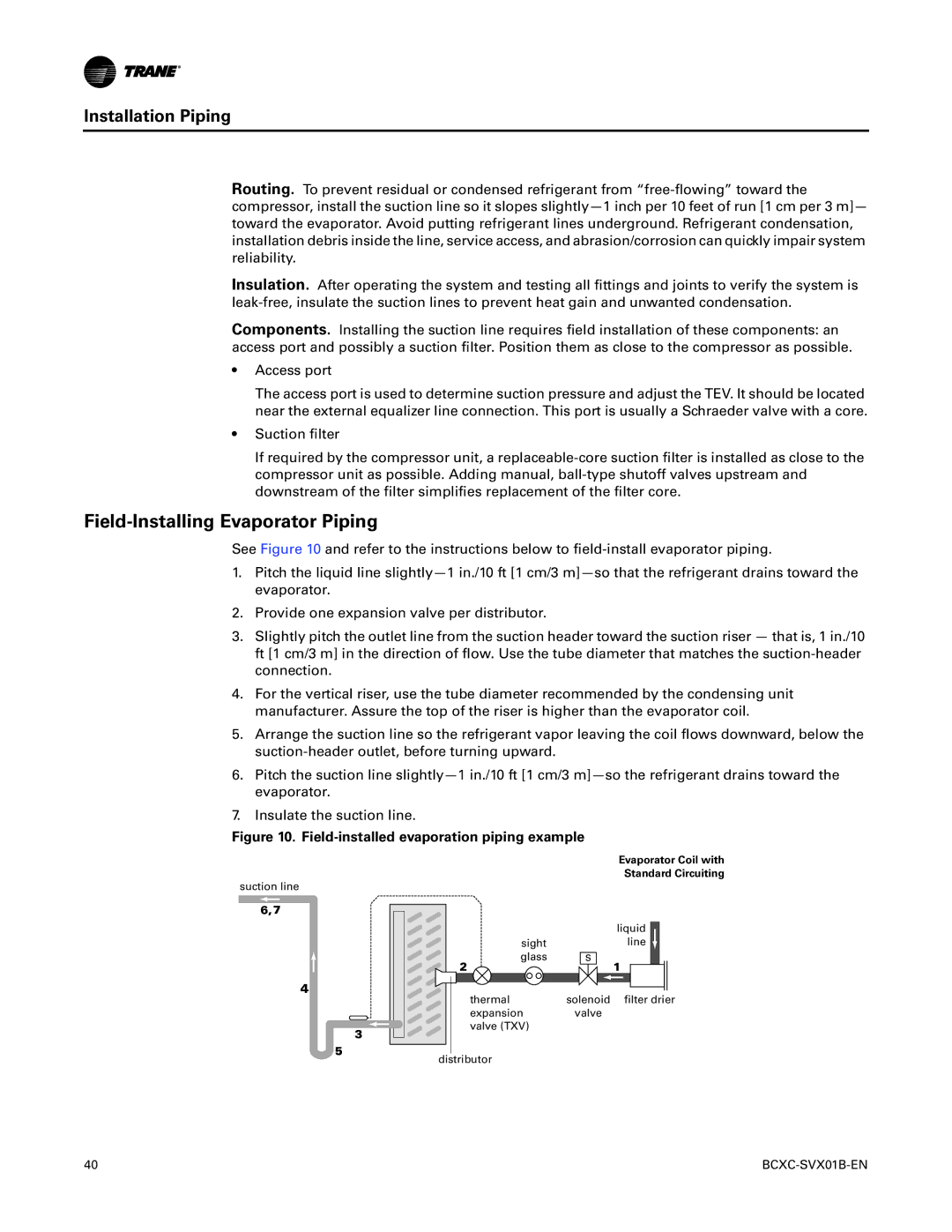 Trane BCHC, BCVC, BCXC-SVX01B-EN manual Field-Installing Evaporator Piping, Field-installed evaporation piping example 