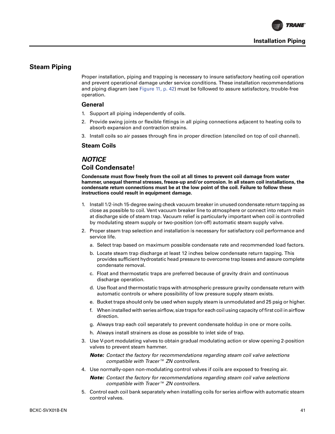 Trane BCXC-SVX01B-EN, BCVC, BCHC manual Steam Piping, Coil Condensate, General, Steam Coils 