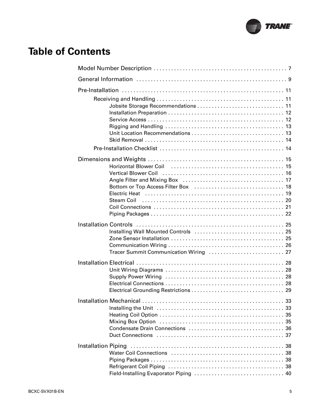 Trane BCXC-SVX01B-EN, BCVC, BCHC manual Table of Contents 