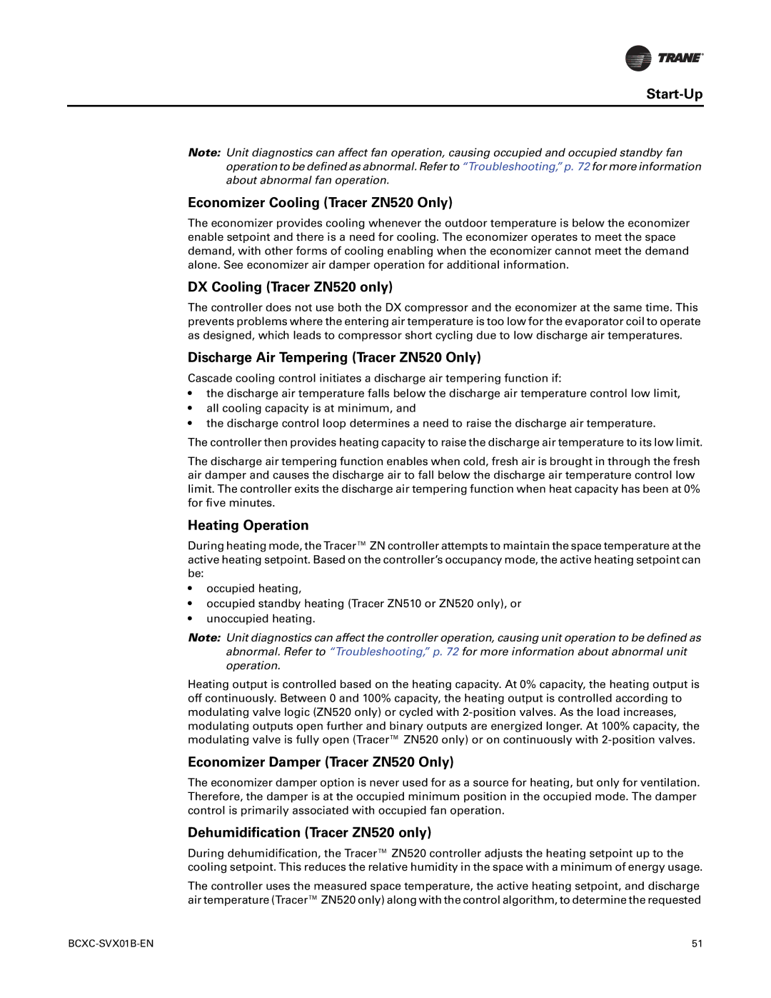 Trane BCVC, BCHC manual Start-Up Economizer Cooling Tracer ZN520 Only, DX Cooling Tracer ZN520 only, Heating Operation 