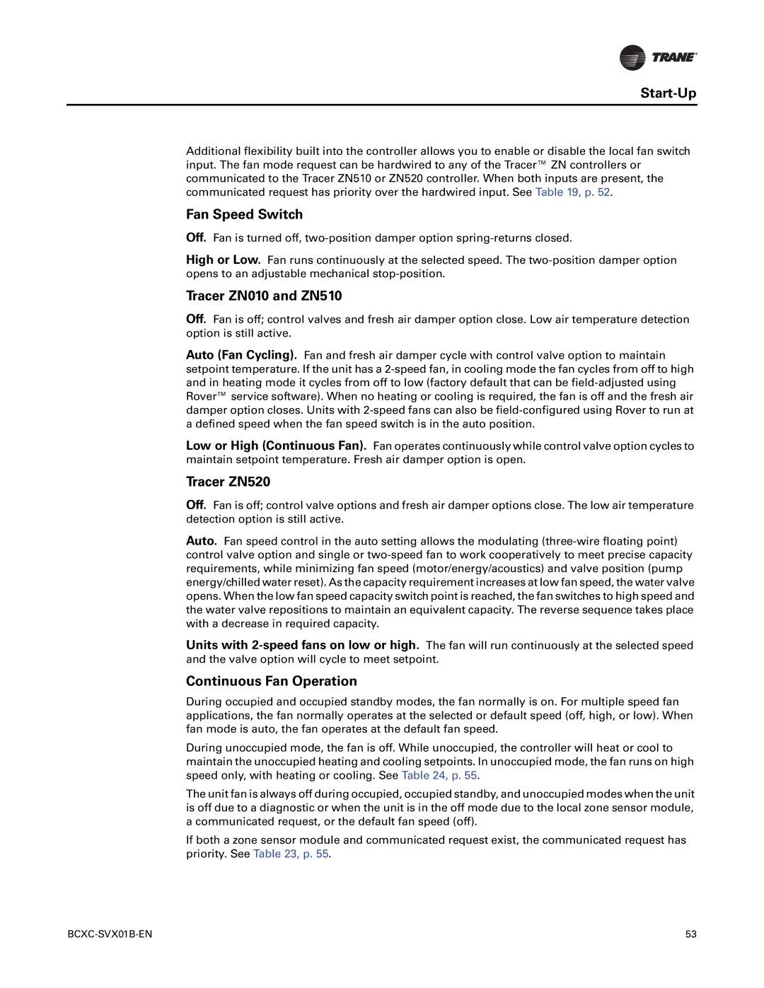 Trane BCXC-SVX01B-EN, BCVC, BCHC manual Fan Speed Switch, Tracer ZN010 and ZN510, Tracer ZN520, Continuous Fan Operation 