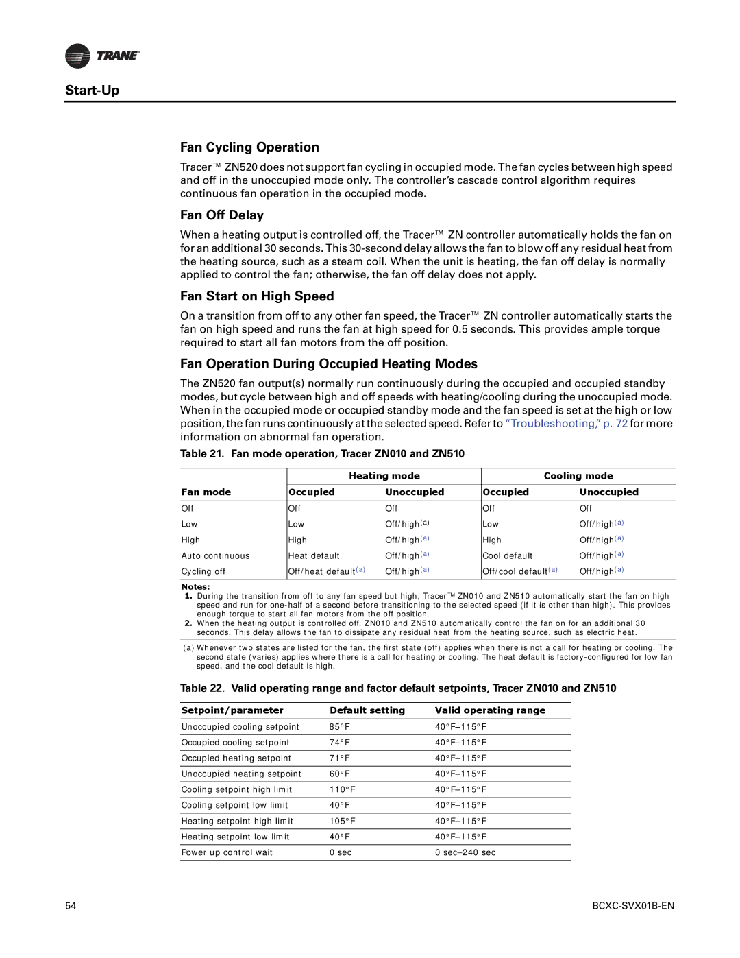 Trane BCVC, BCHC, BCXC-SVX01B-EN manual Start-Up Fan Cycling Operation, Fan Off Delay, Fan Start on High Speed 