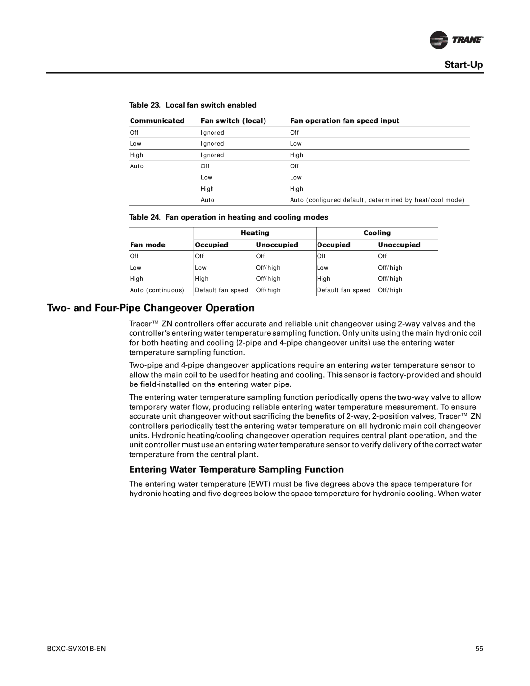 Trane BCHC Two- and Four-Pipe Changeover Operation, Entering Water Temperature Sampling Function, Local fan switch enabled 