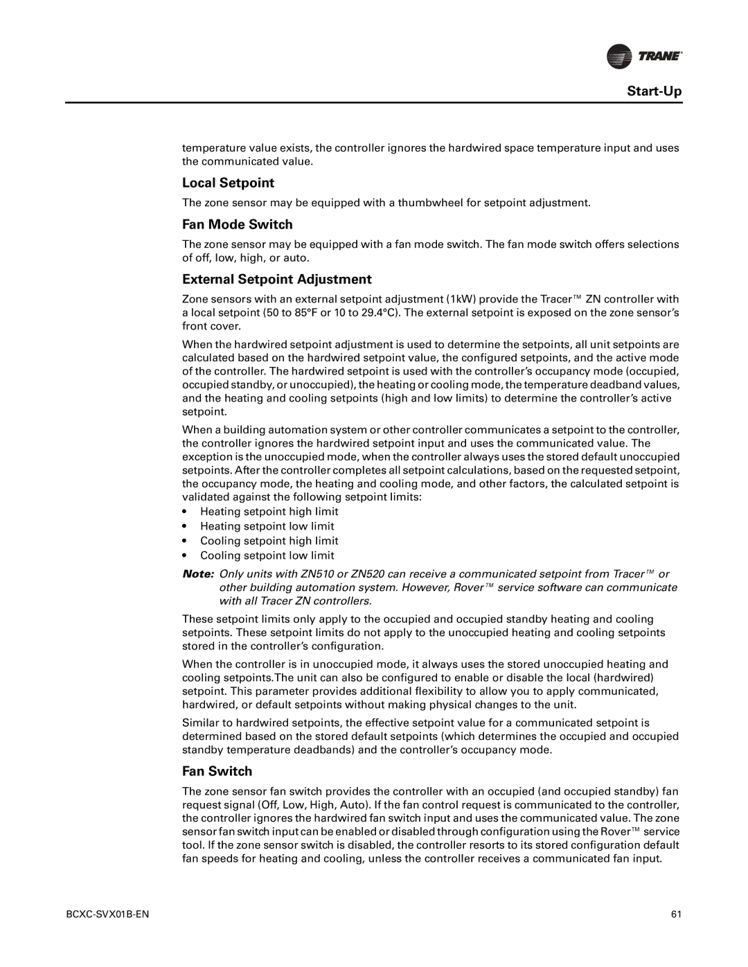 Trane BCHC, BCVC, BCXC-SVX01B-EN manual Local Setpoint, Fan Mode Switch, External Setpoint Adjustment, Fan Switch 