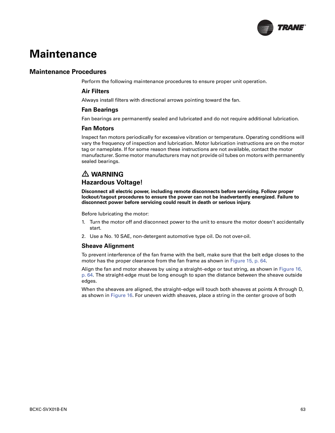 Trane BCVC, BCHC, BCXC-SVX01B-EN manual Maintenance Procedures 