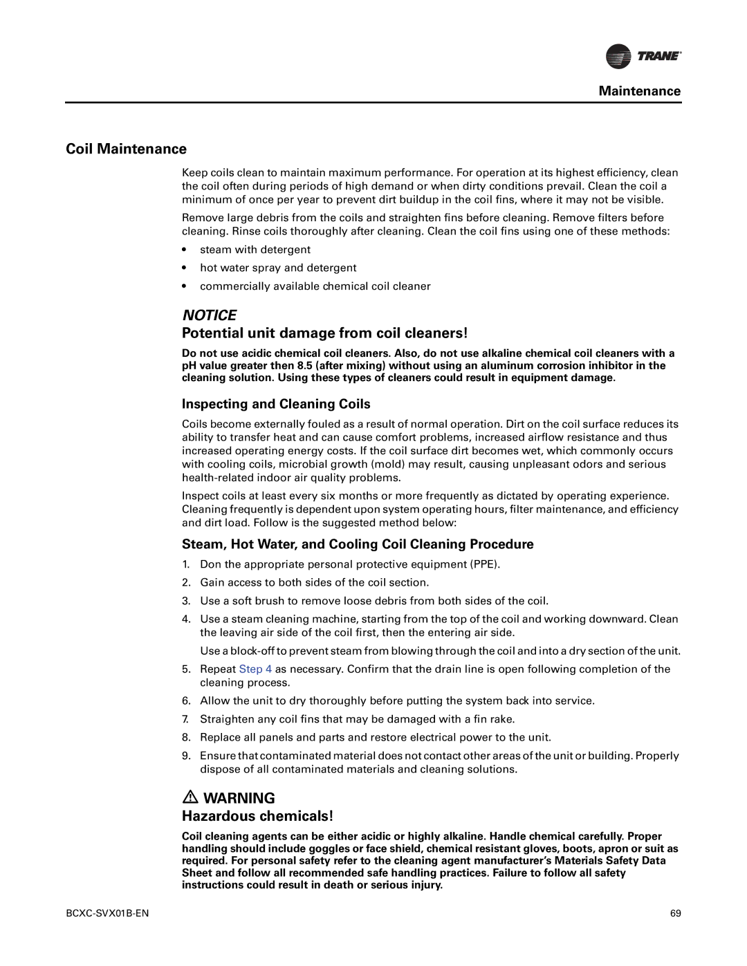 Trane BCVC Coil Maintenance, Potential unit damage from coil cleaners, Hazardous chemicals, Inspecting and Cleaning Coils 