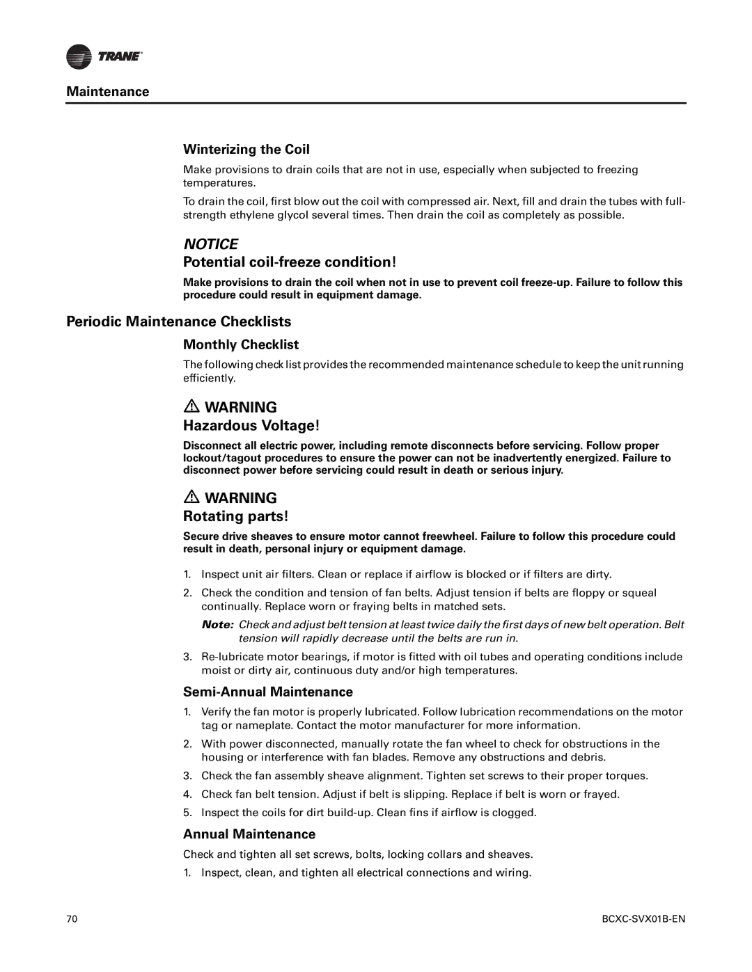 Trane BCHC, BCVC, BCXC-SVX01B-EN manual Periodic Maintenance Checklists, Rotating parts 