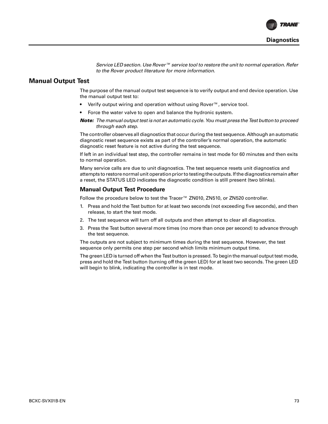 Trane BCHC, BCVC, BCXC-SVX01B-EN manual Diagnostics, Manual Output Test Procedure 