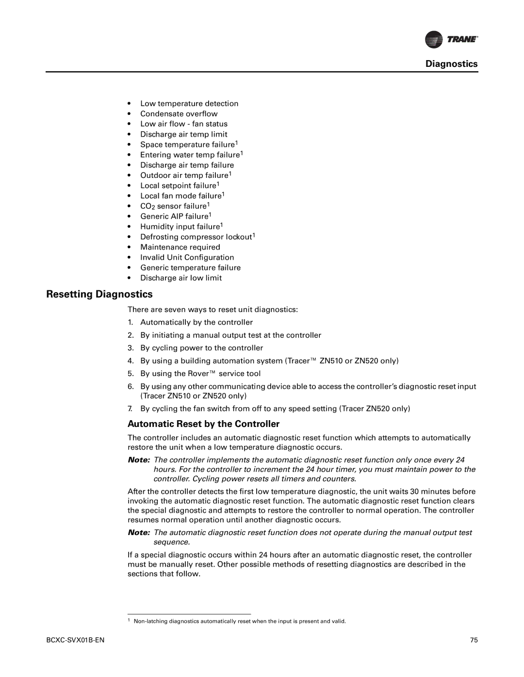 Trane BCVC, BCHC, BCXC-SVX01B-EN manual Resetting Diagnostics, Automatic Reset by the Controller 