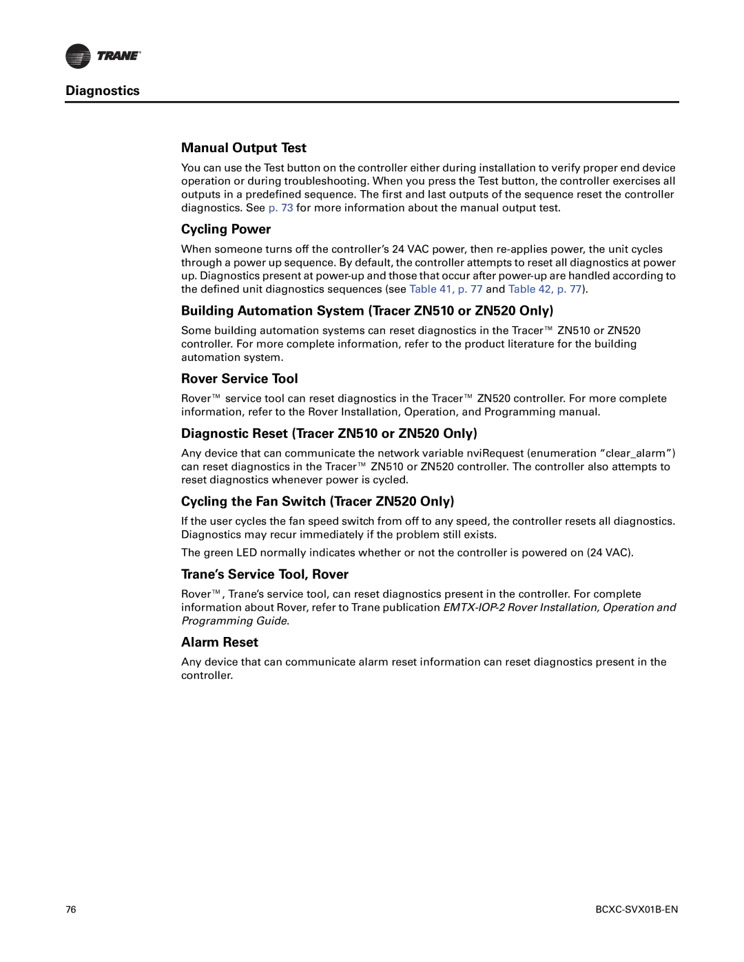 Trane BCHC, BCVC manual Diagnostics Manual Output Test, Cycling Power, Building Automation System Tracer ZN510 or ZN520 Only 