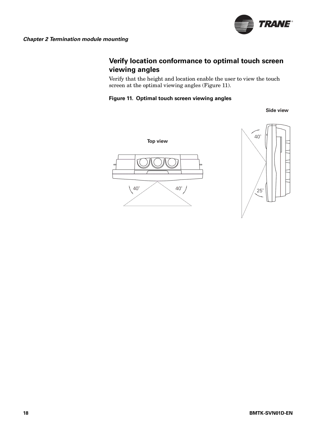 Trane BMTK-SVN01D-EN, Building Automation System manual Optimal touch screen viewing angles 