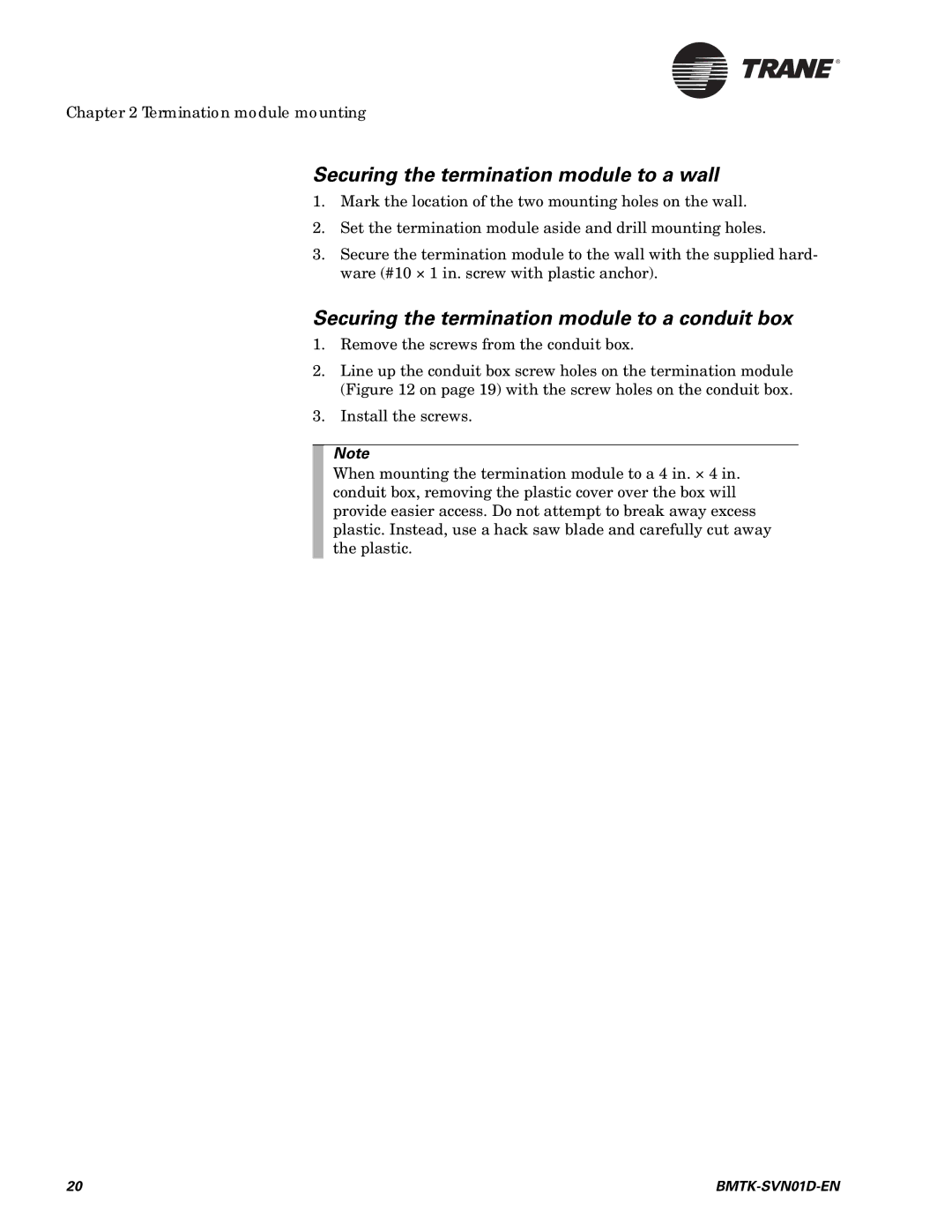 Trane BMTK-SVN01D-EN manual Securing the termination module to a wall, Securing the termination module to a conduit box 