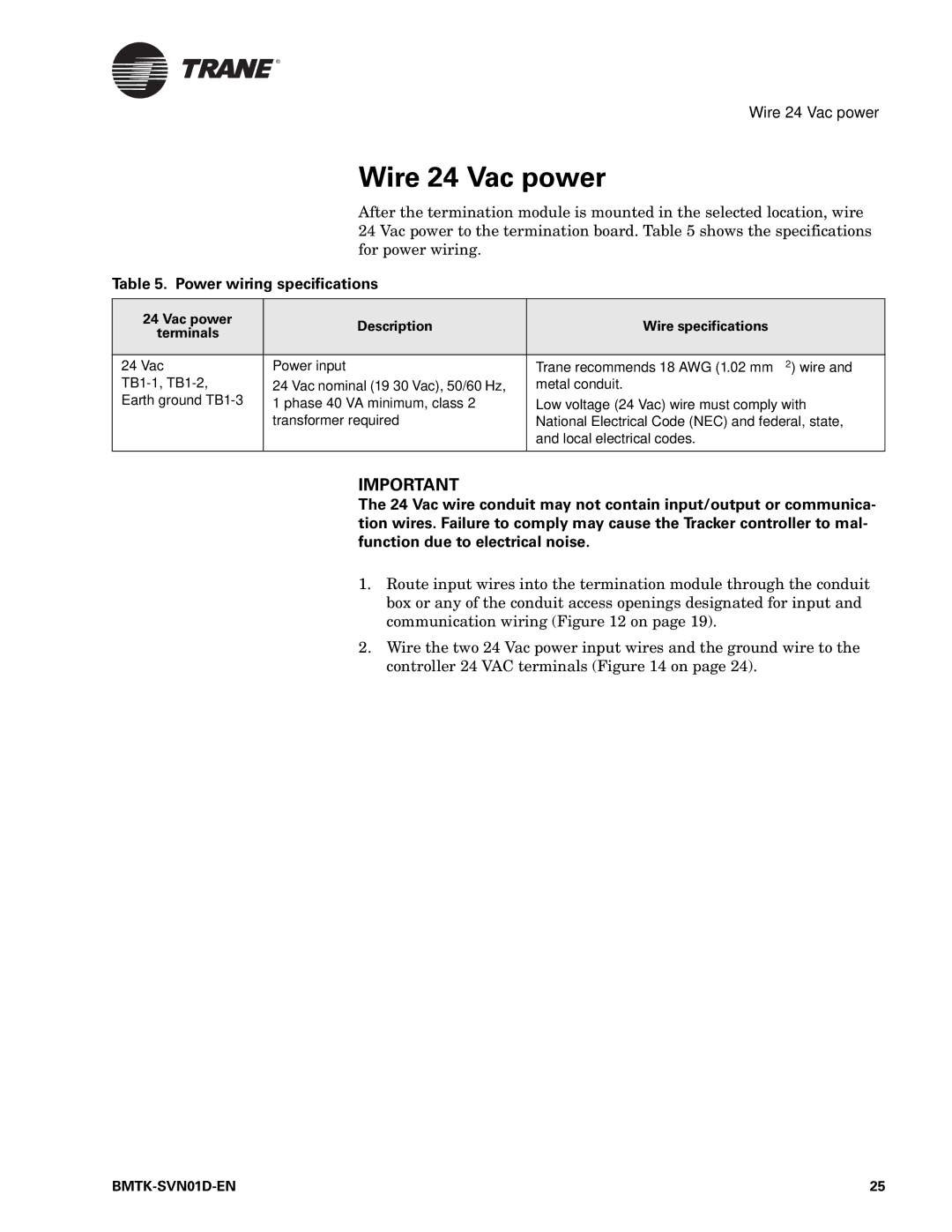 Trane Building Automation System, BMTK-SVN01D-EN manual Wire 24 Vac power, Power wiring specifications 