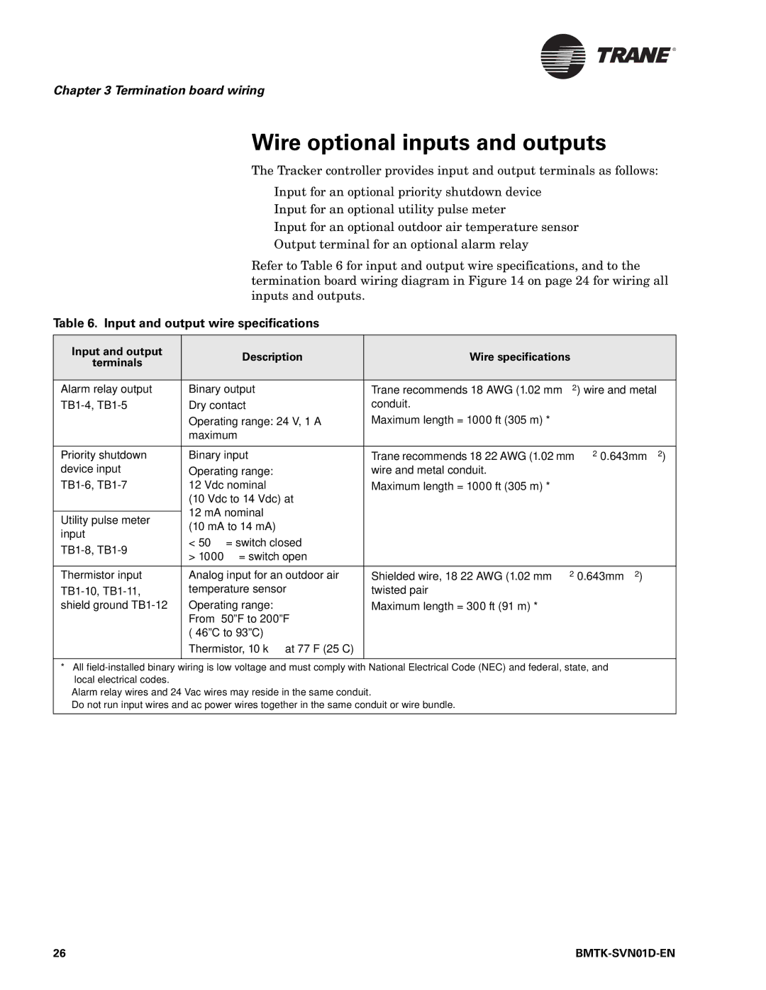 Trane BMTK-SVN01D-EN, Building Automation System Wire optional inputs and outputs, Input and output wire specifications 