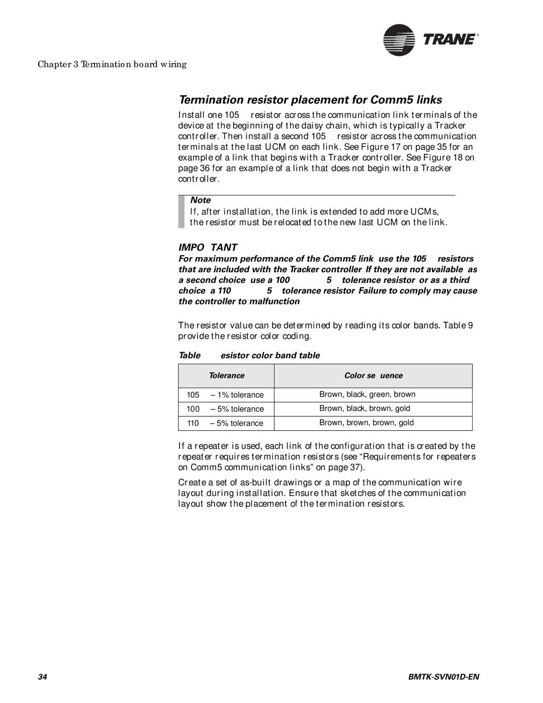 Trane BMTK-SVN01D-EN Termination resistor placement for Comm5 links, Resistor color band table, Tolerance Color sequence 