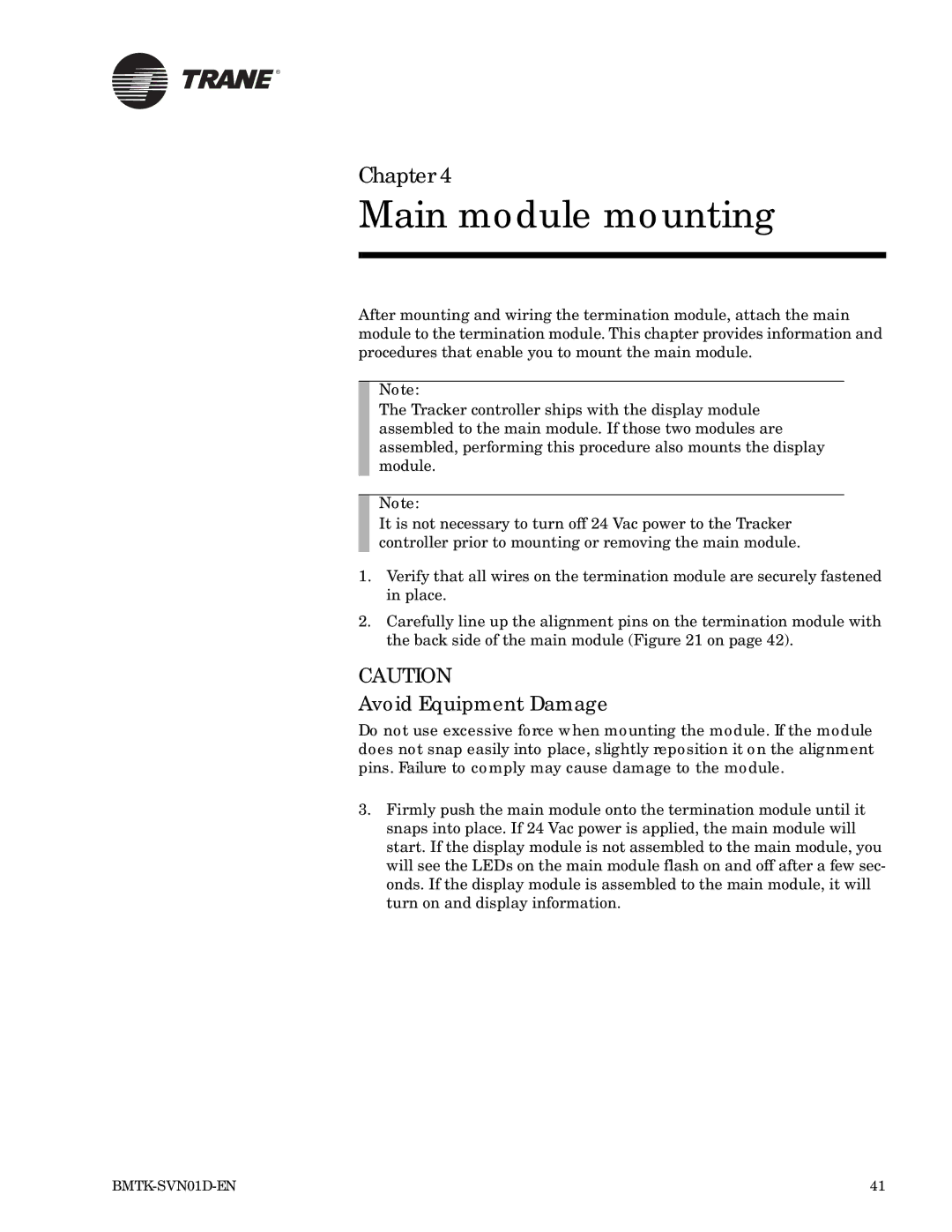 Trane Building Automation System, BMTK-SVN01D-EN manual Main module mounting, Avoid Equipment Damage 