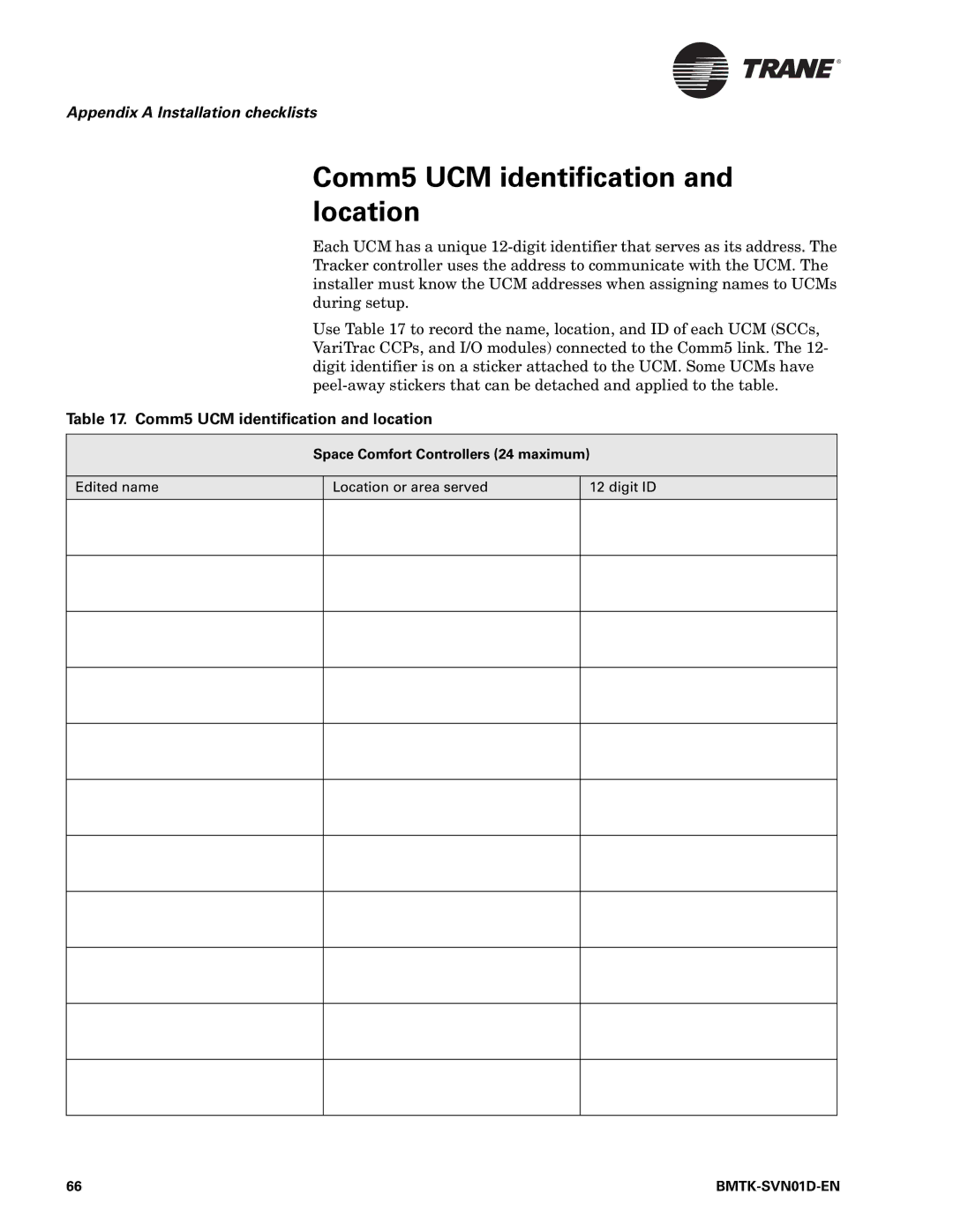 Trane BMTK-SVN01D-EN manual Comm5 UCM identification and location, Space Comfort Controllers 24 maximum 