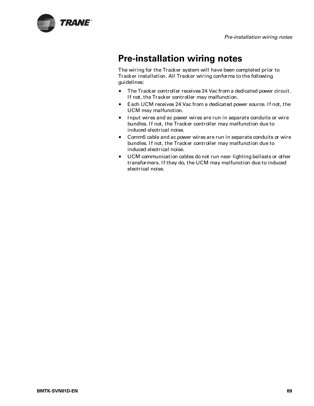 Trane Building Automation System, BMTK-SVN01D-EN manual Pre-installation wiring notes 