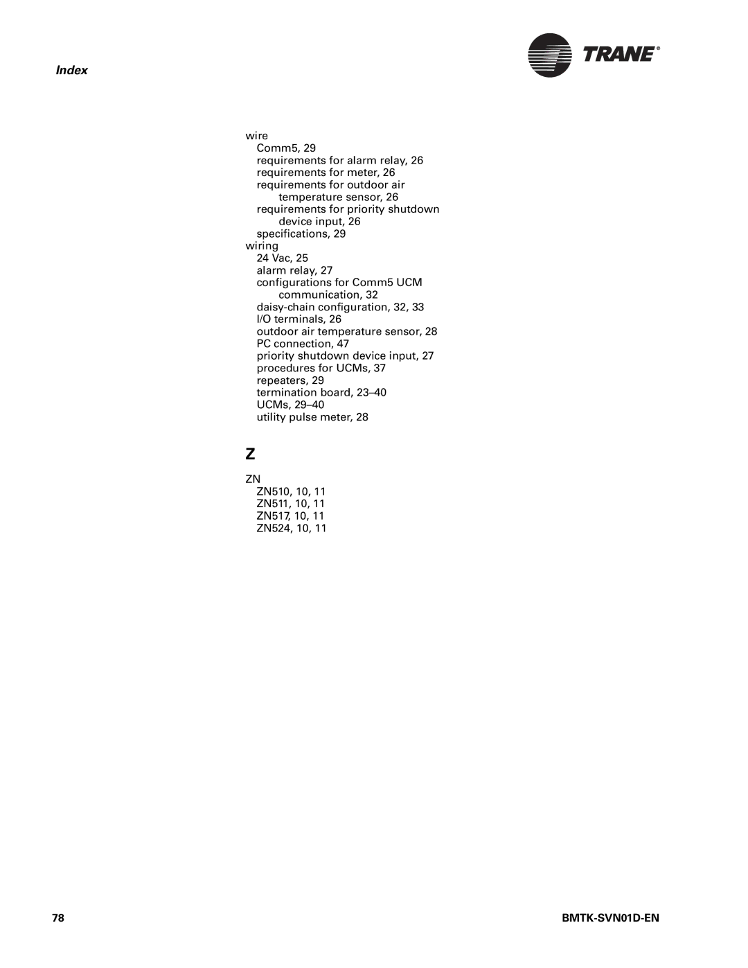 Trane BMTK-SVN01D-EN, Building Automation System manual Index 