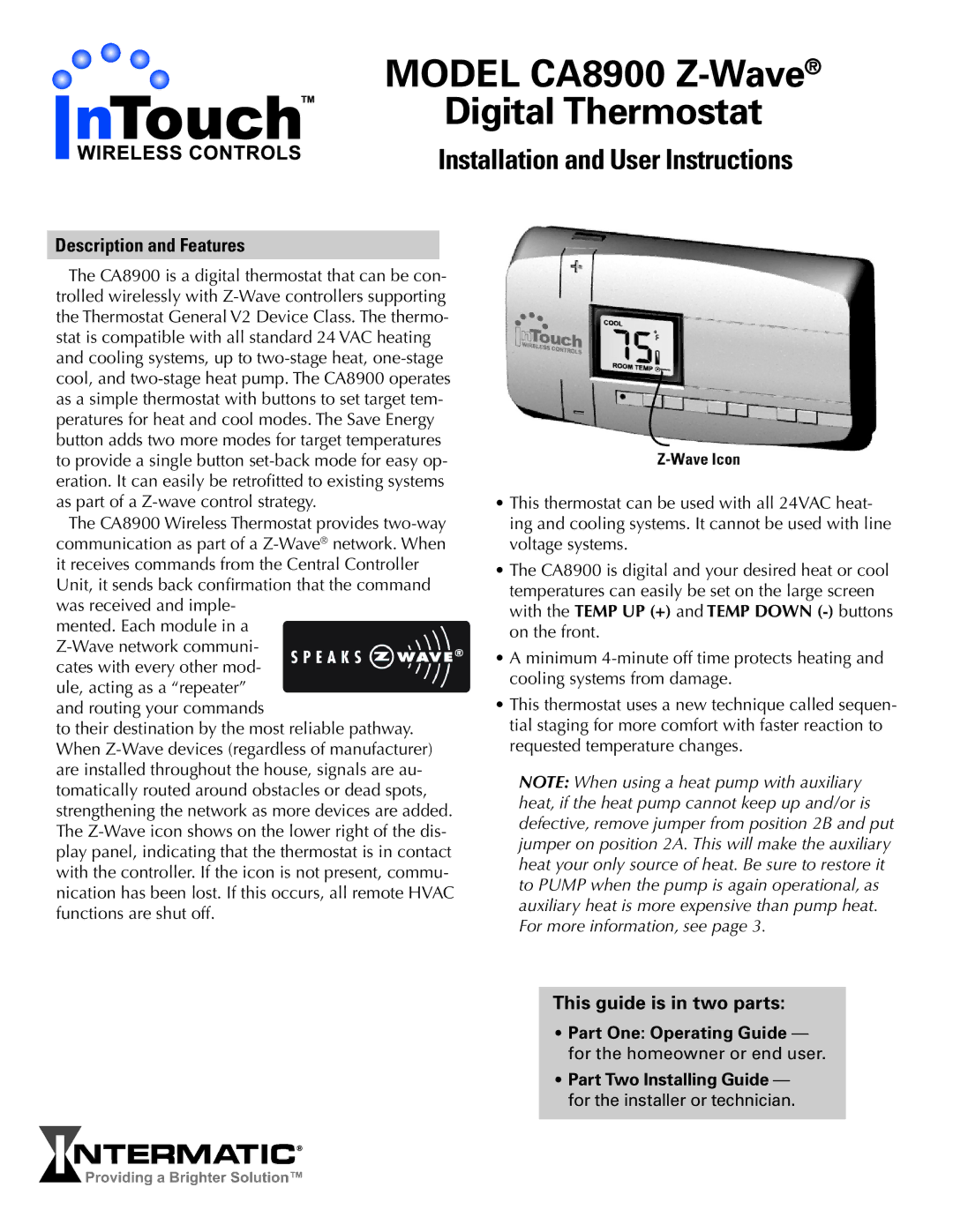 Trane CA8900 manual Description and Features, This guide is in two parts 