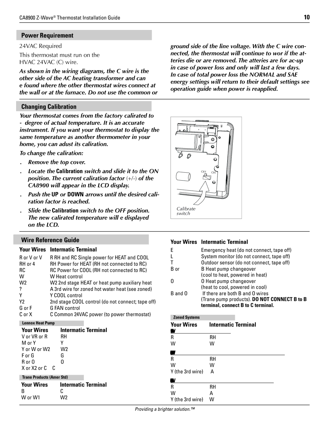 Trane CA8900 manual Power Requirement, Changing Calibration, Wire Reference Guide, Intermatic Terminal 