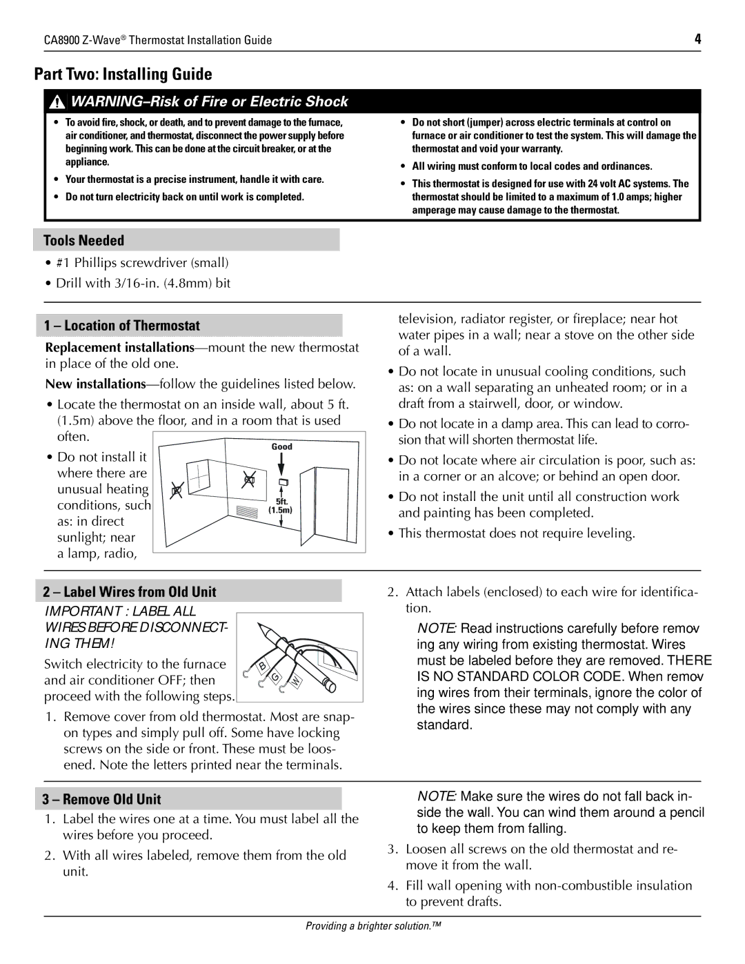 Trane CA8900 manual Tools Needed, Location of Thermostat, Label Wires from Old Unit, Remove Old Unit 