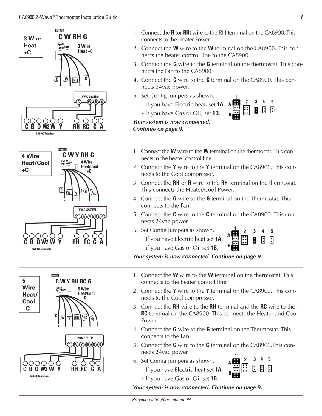 Trane CA8900 manual Set Config jumpers as shown, If you have Gas or Oil, set 1B, Wire Heat/Cool 