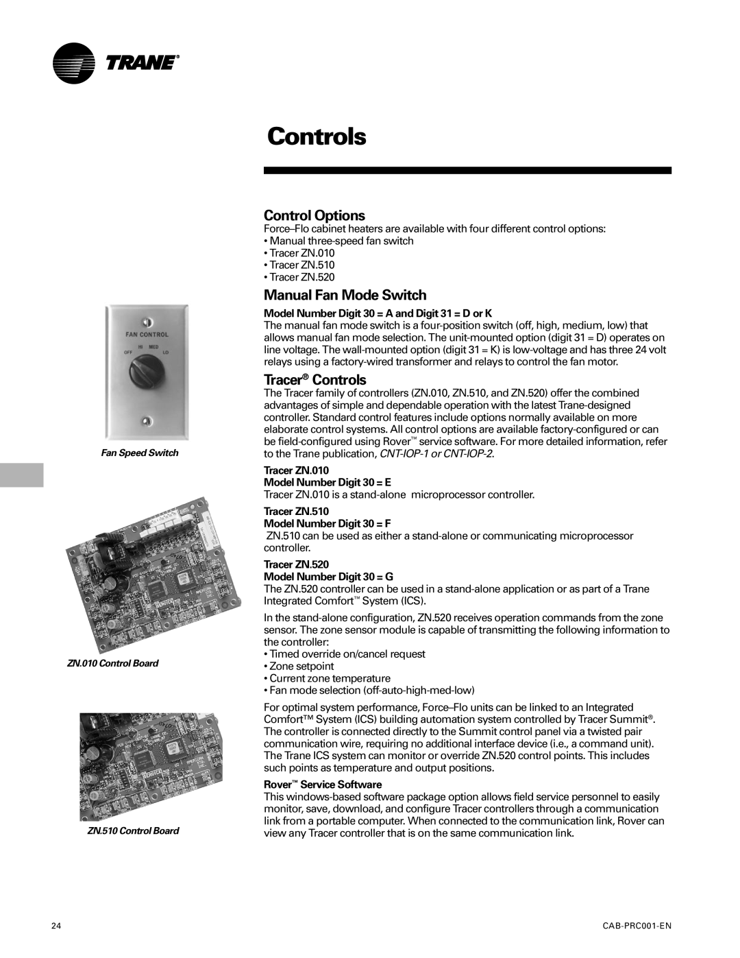 Trane CAB-PRC001-EN manual Control Options, Manual Fan Mode Switch, Tracer Controls 