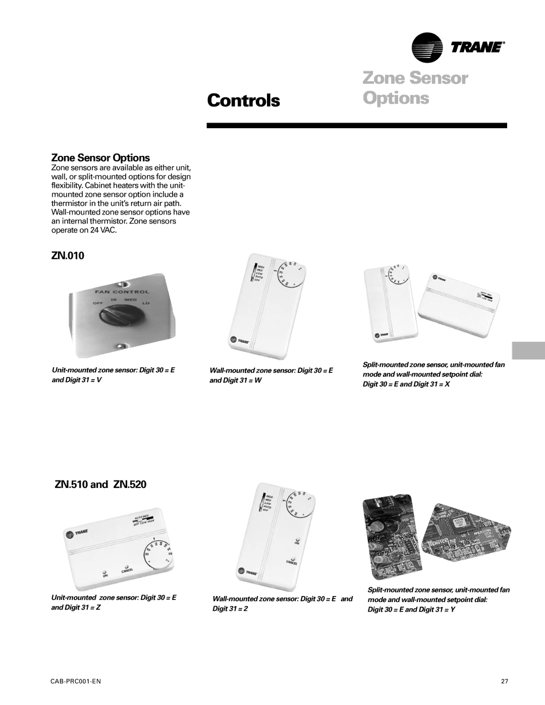 Trane CAB-PRC001-EN manual Controls Options, Zone Sensor Options, ZN.010, ZN.510 and ZN.520 