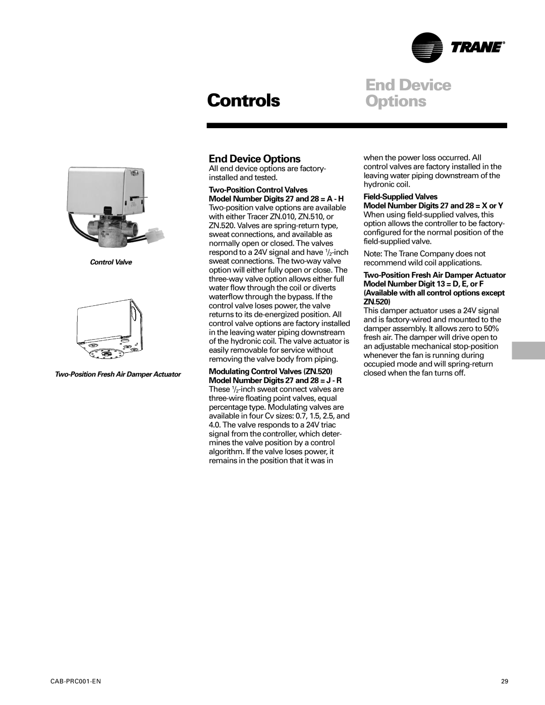 Trane CAB-PRC001-EN End Device Options, Two-Position Control Valves, Control Valve Two-Position Fresh Air Damper Actuator 